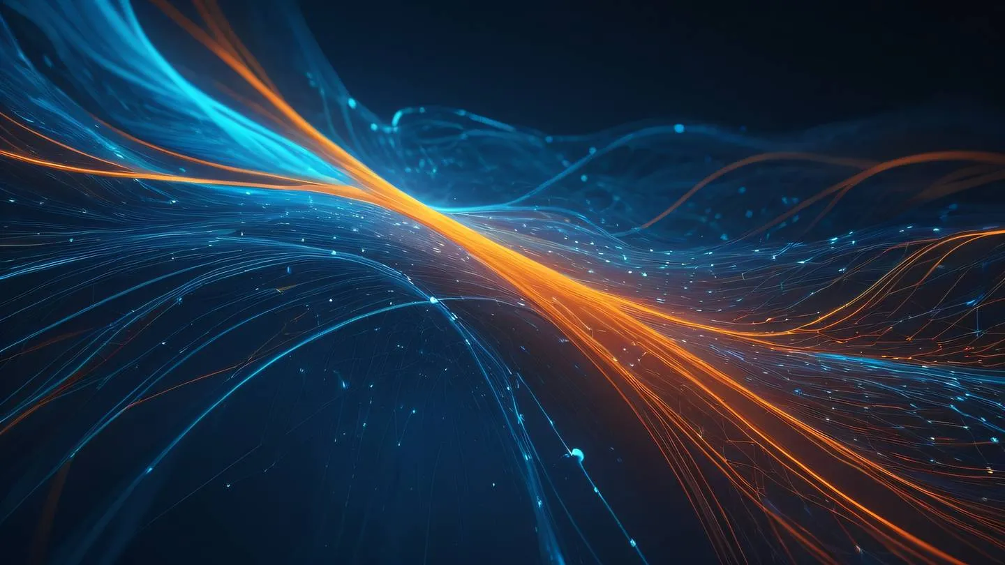 A modern abstract representation of flowing data streams with interconnected nodes rendered in bright blue and orange gradients featuring smooth curves and geometric patterns captured from a top-down perspective high-quality ultra-realistic cinematic 8K UHD high resolution sharp and detail