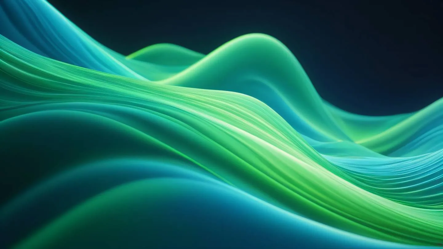 Abstract flowing waves of light representing data flow dominated by bright green and cool blue colors with gentle curves and organic shapes photographed from a diagonal angle high-quality ultra-realistic cinematic 8K UHD high resolution sharp and detail