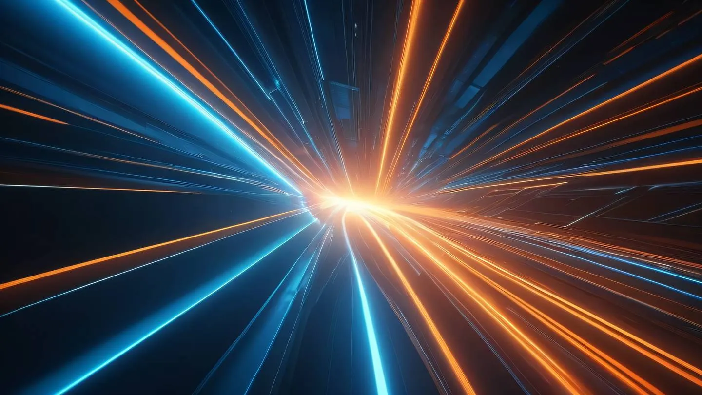 Dynamic abstract composition of interconnected geometric shapes and light beams featuring bright orange and blue color gradients flowing through space captured from a low angle perspective high-quality ultra-realistic cinematic 8K UHD high resolution sharp and detail