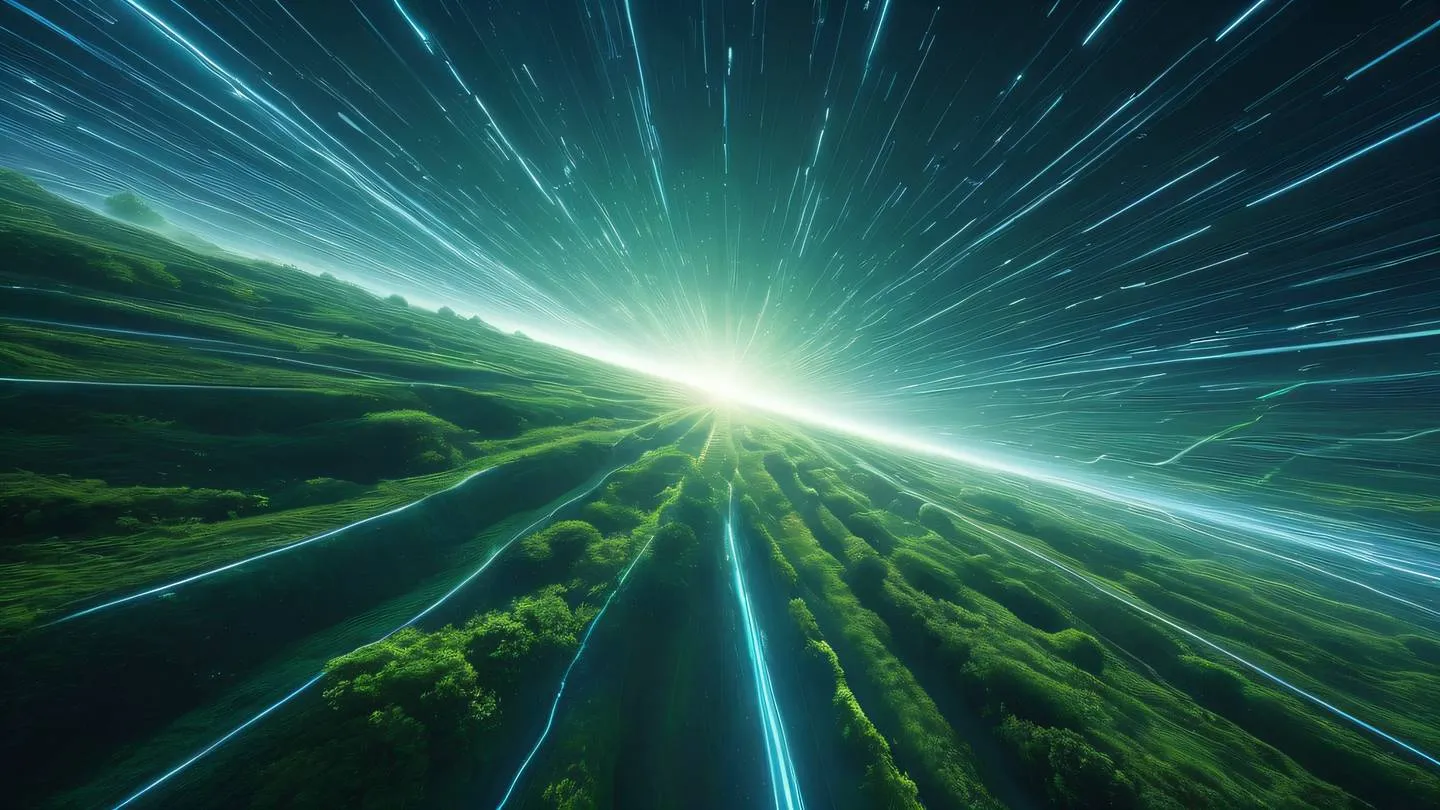 Serene abstract landscape with flowing data streams and light rays featuring bright blue and cool green colors interweaving through space shot from a bird's eye perspective high-quality ultra-realistic cinematic 8K UHD high resolution sharp and detail