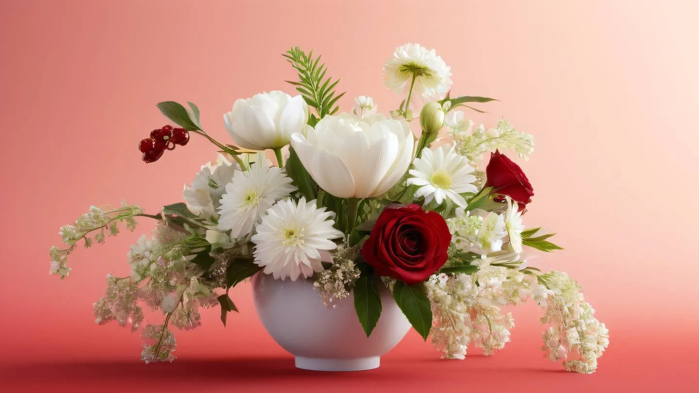 White flower bouquet arrangement with wild organic shapes against a bright ruby red and peach gradient background captured from a 45-degree angle high-quality ultra-realistic cinematic 8K UHD high resolution sharp and detail