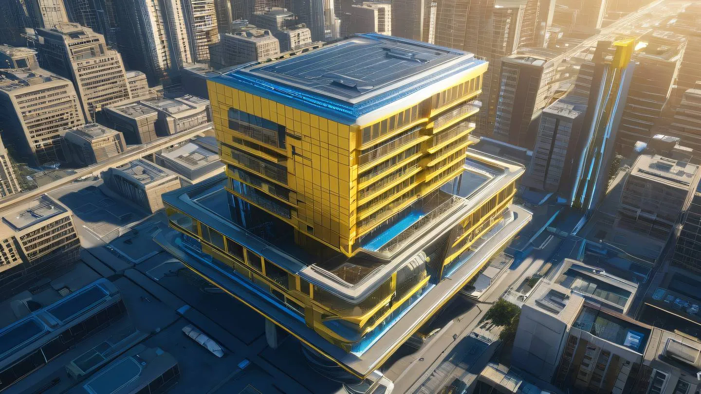 Futuristic floating building with interconnected geometric paths flowing between structures color palette dominated by sunshine yellow and sapphire blue gradient camera angle from below looking up architectural visualization high-quality ultra-realistic cinematic 8K UHD high resolution sharp and detail