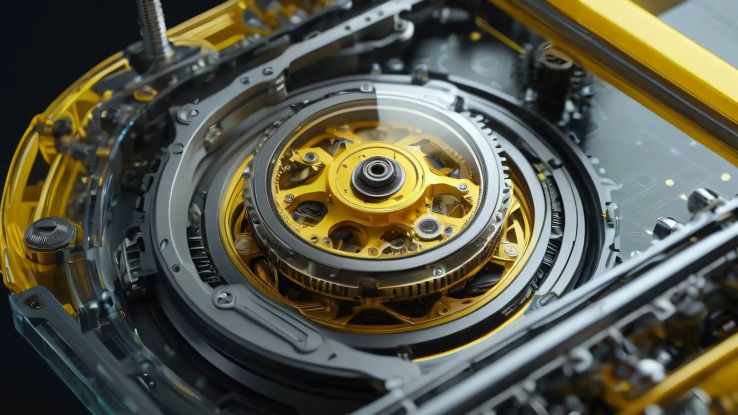 Robotic mechanism with intricate gears and flowing energy patterns canary yellow and etched glass colors camera angle diagonal view from side high-quality ultra-realistic cinematic 8K UHD high resolution sharp and detail