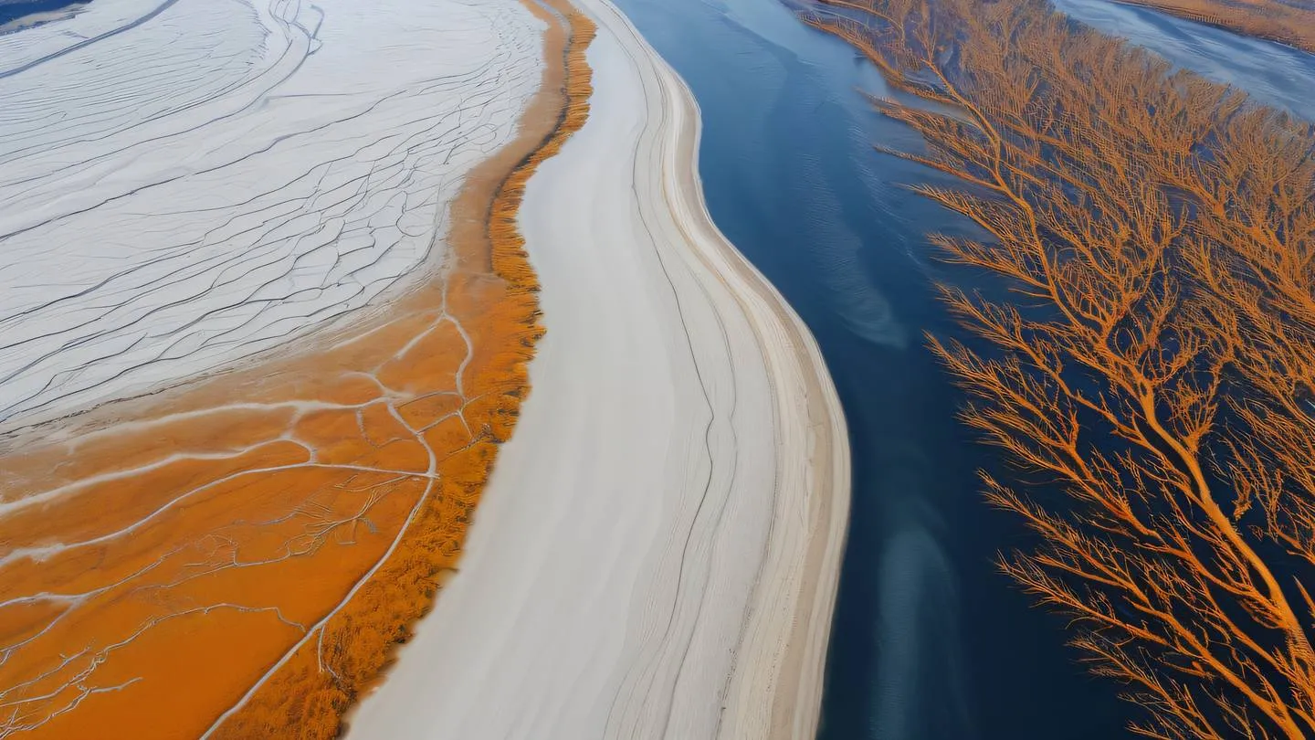 Aerial view of flowing river delta patterns with multiple branches merging and diverging showcasing in bright orange and navy blue tones against white sandy background shot directly from above with drone high-quality ultra-realistic cinematic 8K UHD high resolution sharp and detail