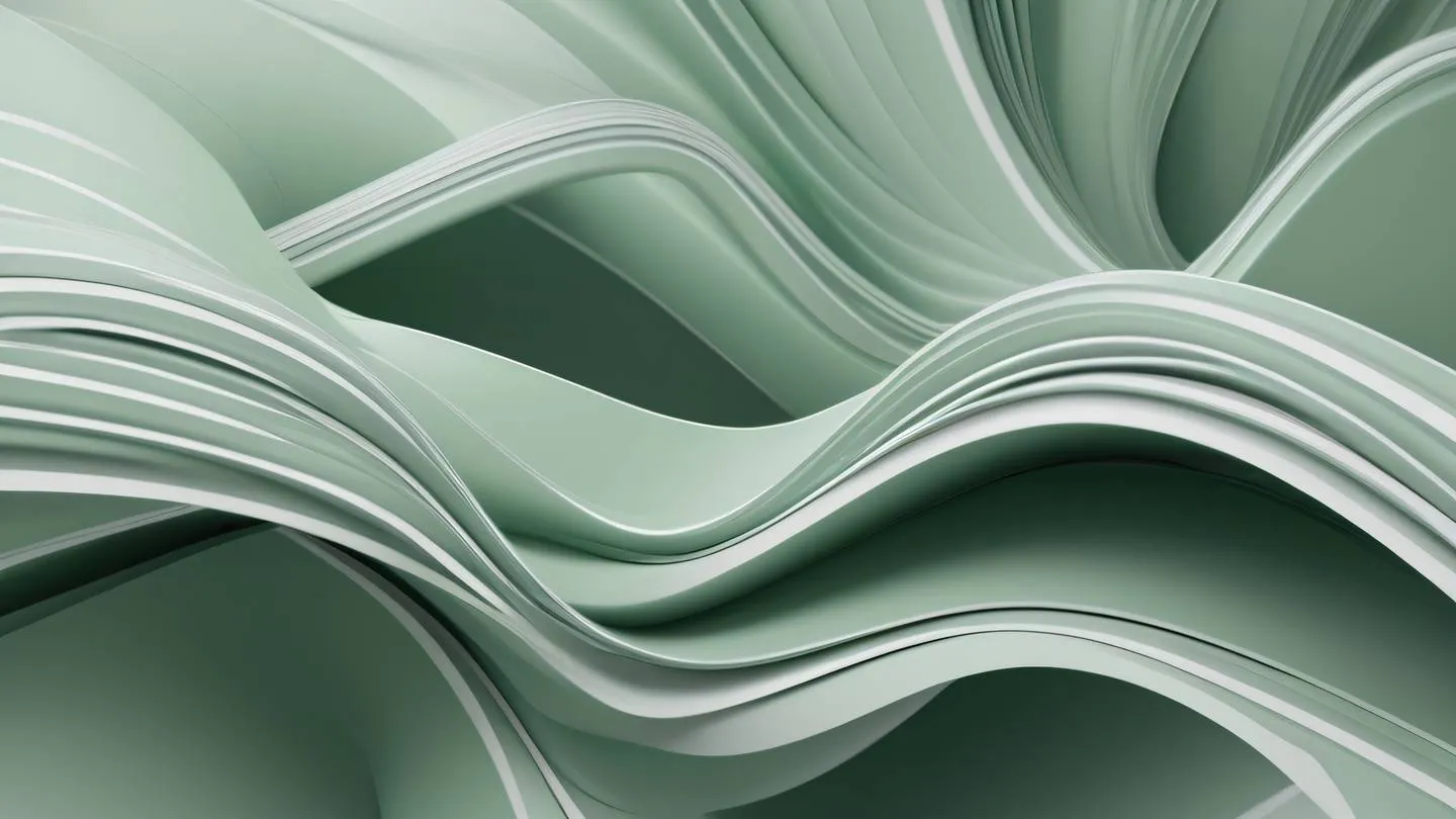 Abstract geometric composition of interconnected flowing lines and shapes rendered in sage green and white with subtle gray accents captured from a 45-degree angle perspective high-quality ultra-realistic cinematic 8K UHD high resolution sharp and detail