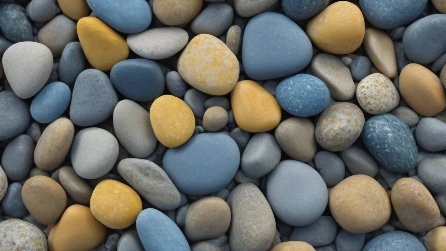 Stone texture pattern with smooth river rocks arranged in a flowing pattern featuring minimalist yellow and bright blue tones photographed from a top-down perspective high-quality ultra-realistic cinematic 8K UHD high resolution sharp and detail