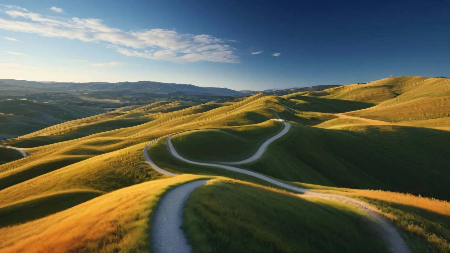 Landscape vista of rolling hills with meandering paths creating natural flow patterns rendered in bright orange and crisp white highlights against navy blue sky shot from slightly elevated angle high-quality ultra-realistic cinematic 8K UHD high resolution sharp and detail