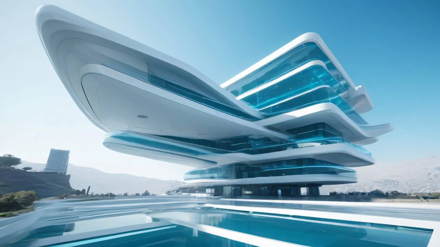 Futuristic geometric floating structure with interconnected transparent layers and flowing energy streams between levels featuring modern architecture with clean lines and glass surfaces color scheme: bright cyan electric blue and pristine white camera angle: low angle shot looking up at the structure against a clear sky high-quality ultra-realistic cinematic 8K UHD high resolution sharp and detail