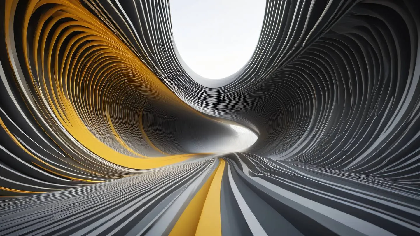 Abstract visualization of data flow represented by flowing light streams in a minimal architectural space geometric patterns with sweeping curves and clean lines color scheme: warm golden yellows crisp whites and deep charcoal greys camera angle: wide angle perspective showing depth and movement high-quality ultra-realistic cinematic 8K UHD high resolution sharp and detail