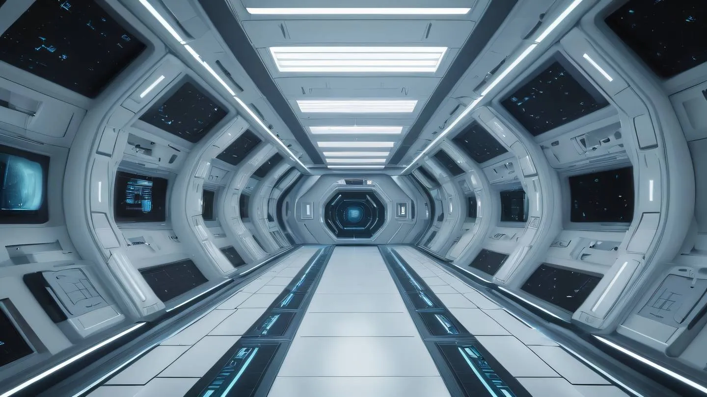 Modern minimalist space station interior with smooth curved walls and floating holographic interfaces organized geometric patterns suggesting data organization color scheme: cool steel blues pristine whites and subtle earth tones camera angle: tracking shot through corridor showing depth high-quality ultra-realistic cinematic 8K UHD high resolution sharp and detail