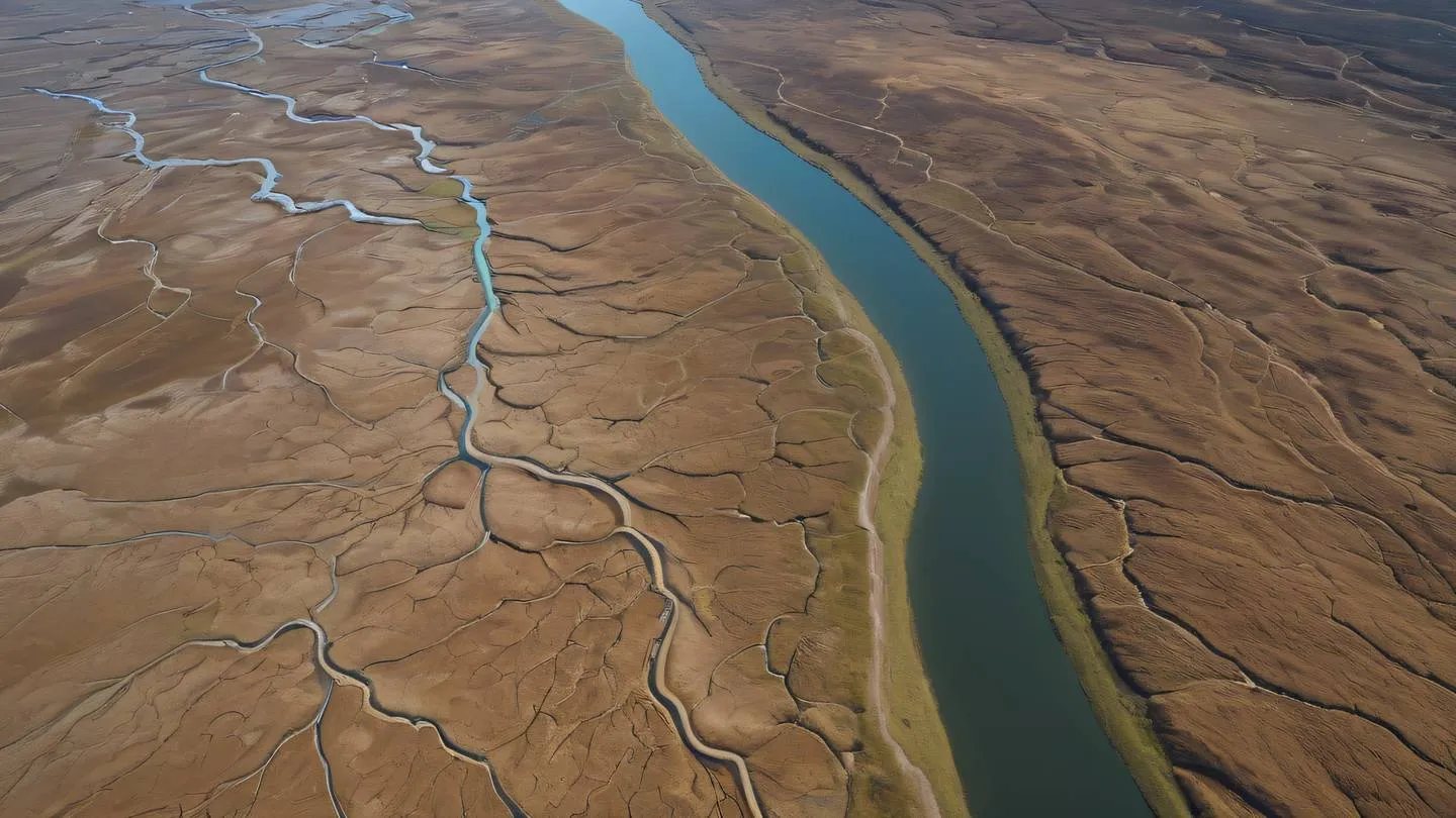 Aerial photograph of a winding river delta branching into multiple streams against natural terrain featuring clay and earthy browns captured from a high altitude perspective showing intricate patterns high-quality ultra-realistic cinematic 8K UHD high resolution sharp and detail