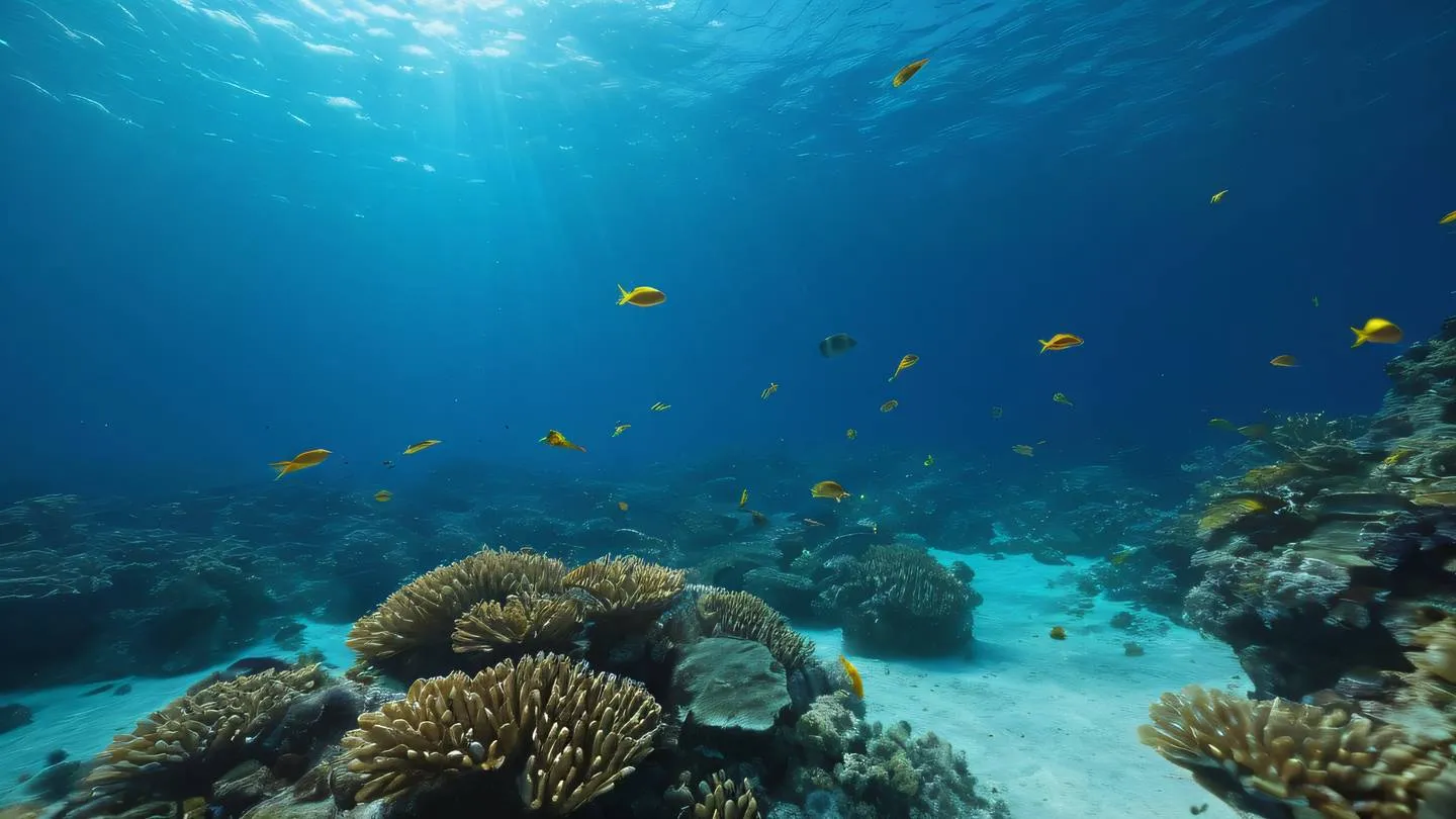 Underwater scene with tropical fish swimming in precise formations featuring bright cobalt blue waters and golden fish shot from a side angle with natural lighting streaming through the water high-quality ultra-realistic cinematic 8K UHD high resolution sharp and detail