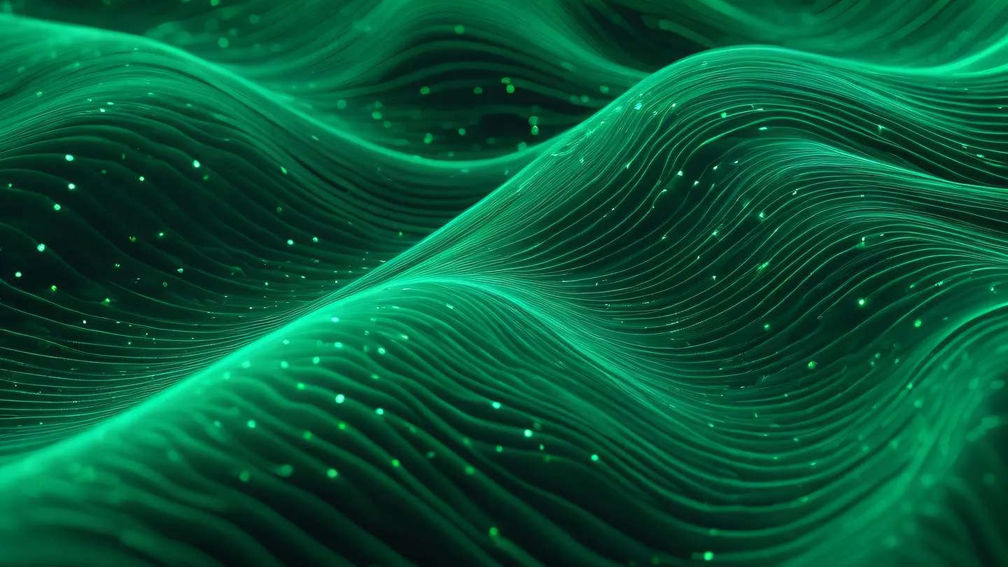 A flowing stream of emerald-colored energy particles forming abstract wave patterns representing data flow and state management shot from above with a bird's eye view angle high-quality ultra-realistic cinematic 8K UHD high resolution sharp and detail