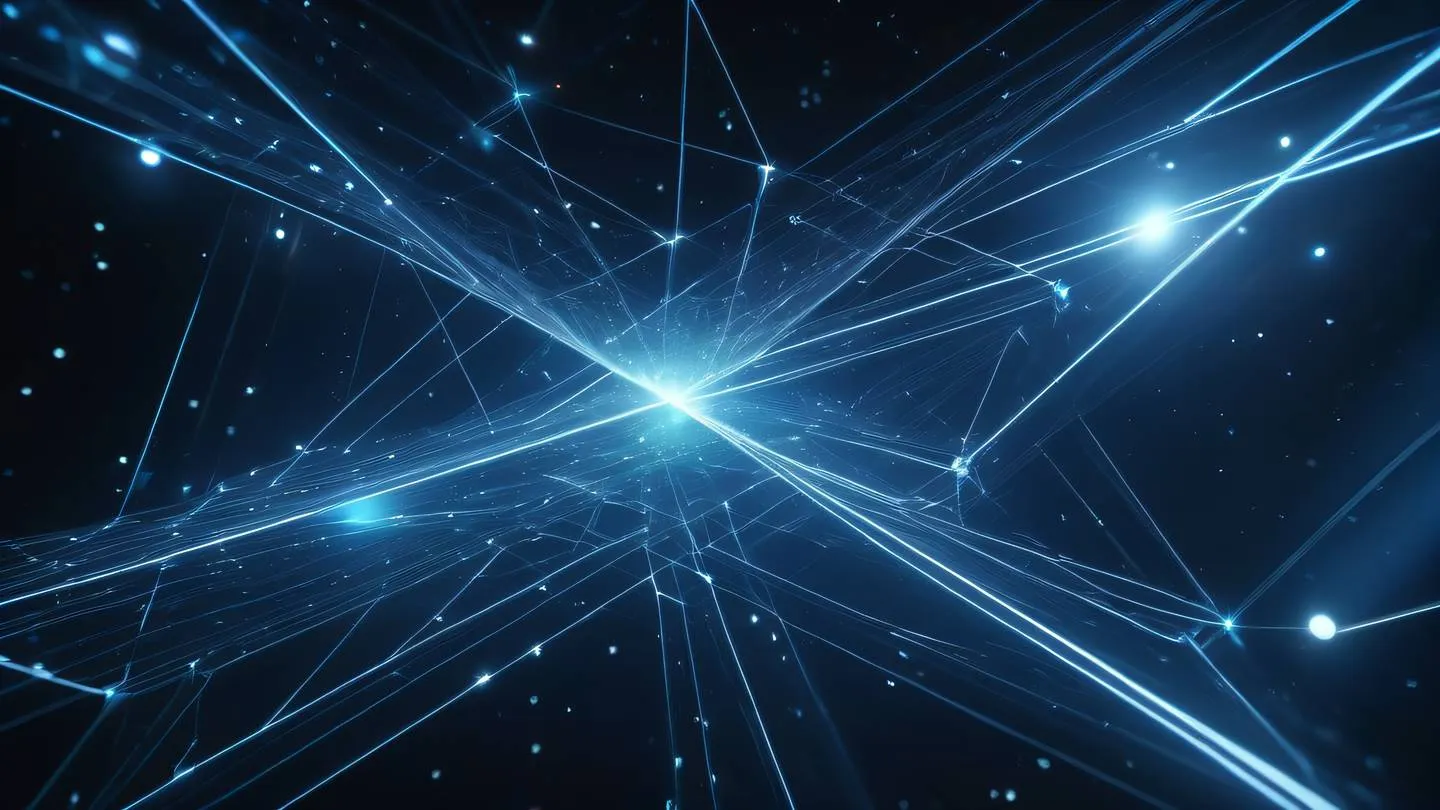 Holographic geometric shapes floating in space connected by light beams showing a network of interconnected nodes shot from a diagonal angle high-quality ultra-realistic cinematic 8K UHD high resolution sharp and detail