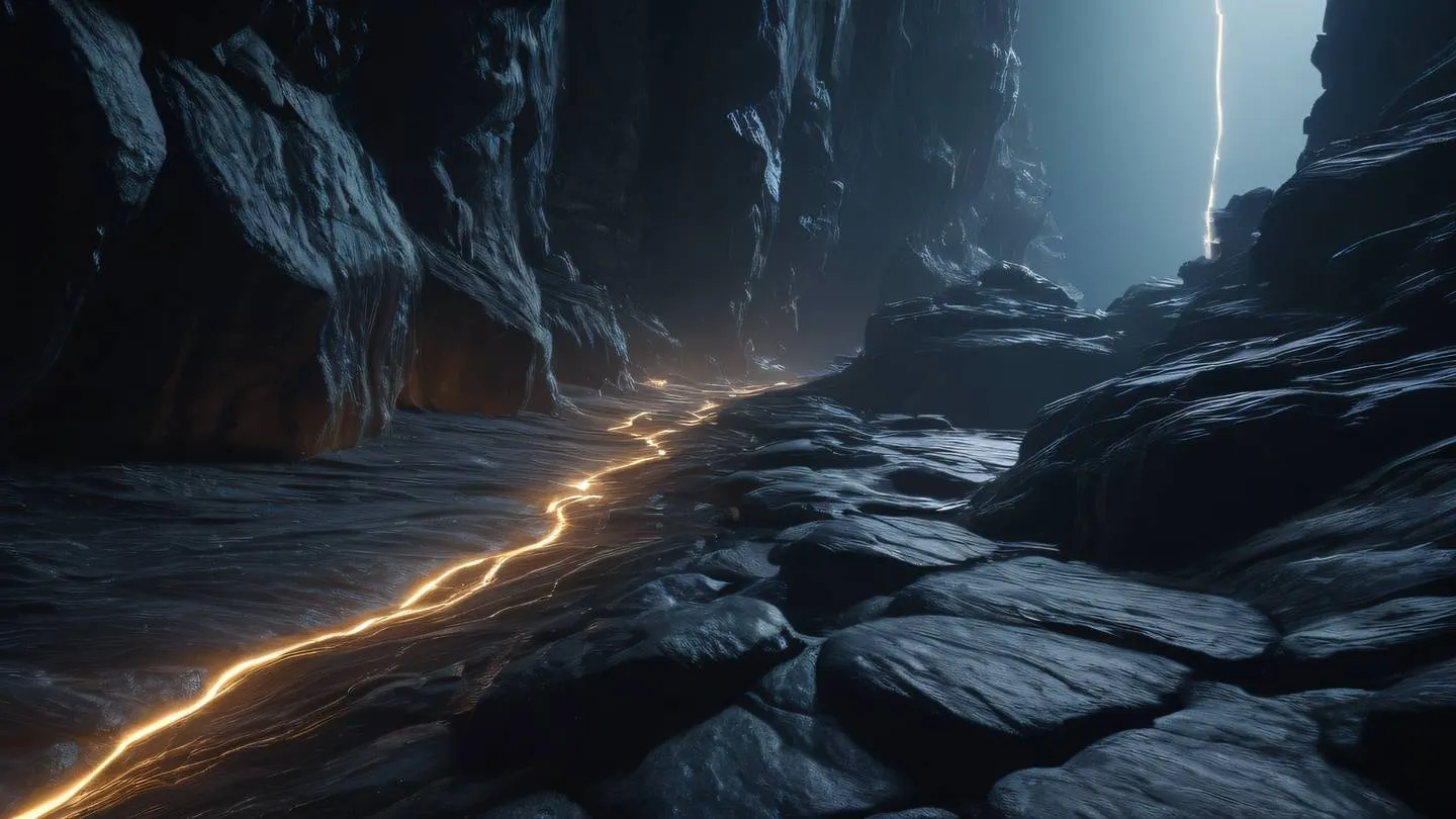 Dark rocky formations with streaks of bright light flowing through crevices symbolizing data flow through structured systems captured from a cinematic side angle high-quality ultra-realistic cinematic 8K UHD high resolution sharp and detail