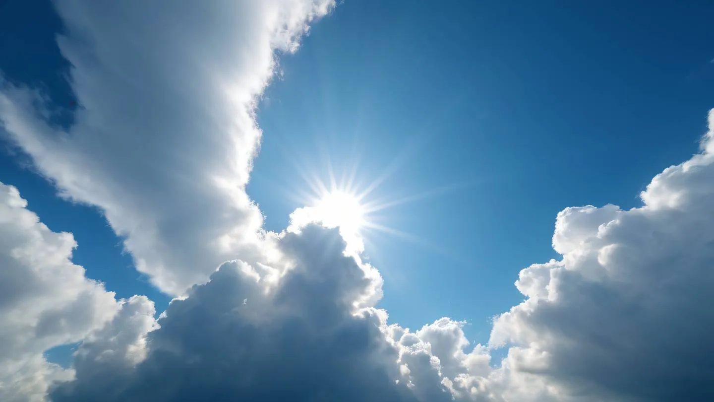 Clouds forming spiral patterns in bright blue sky white clouds with subtle green tinting at edges captured from below looking straight up sunlight creating dramatic light rays through cloud formations high-quality ultra-realistic cinematic 8K UHD high resolution sharp and detailed