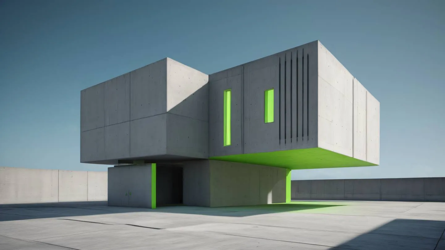 Modern minimalist concrete structure with geometric shapes and clean lines featuring bright neon green and concrete gray colors photographed from a dutch angle high-quality ultra-realistic cinematic 8K UHD high resolution sharp and detail