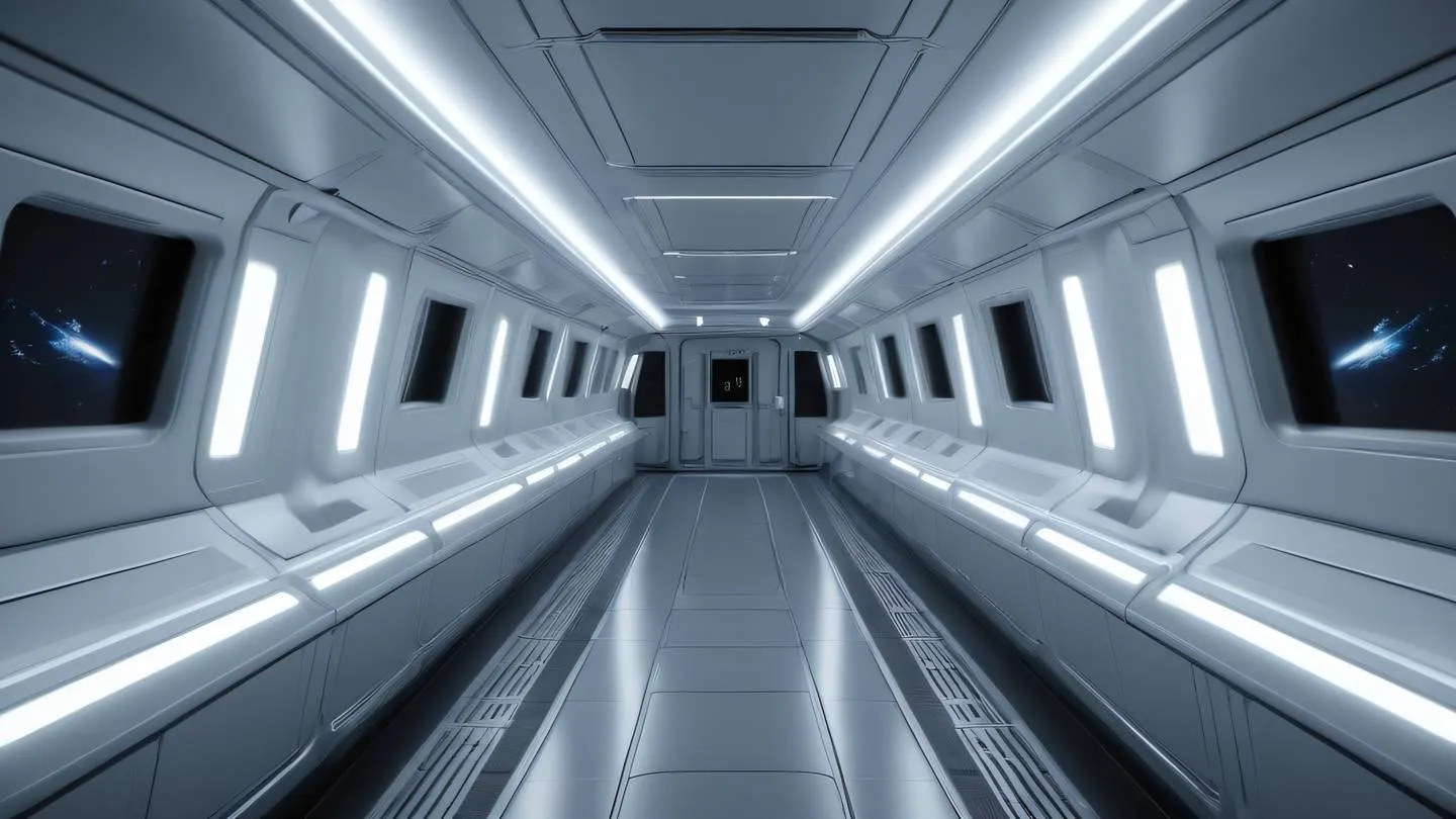 A sleek spacecraft interior corridor with clean metallic surfaces and ambient lighting featuring metallic silver and bright white accents captured from a central perspective high-quality ultra-realistic cinematic 8K UHD high resolution sharp and detail