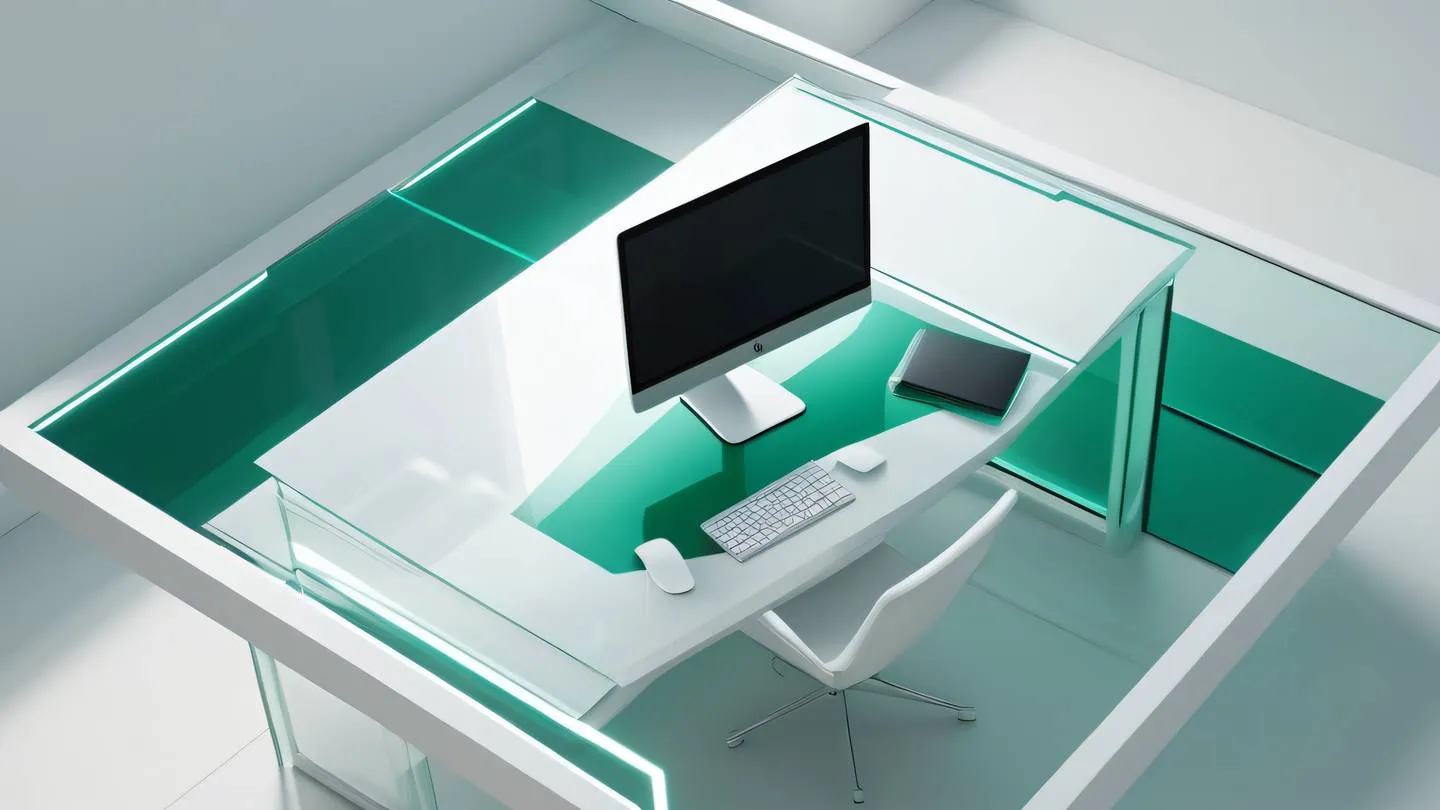 Modern minimalist tech workspace with floating geometric shapes emerald and white color scheme glass surfaces reflecting light shot from above angle high-quality ultra-realistic cinematic 8K UHD high resolution sharp and detail