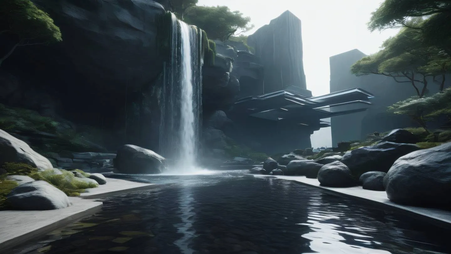 Serene landscape with flowing water features and geometric structures dark and white tones with bright accents shot from low angle high-quality ultra-realistic cinematic 8K UHD high resolution sharp and detail