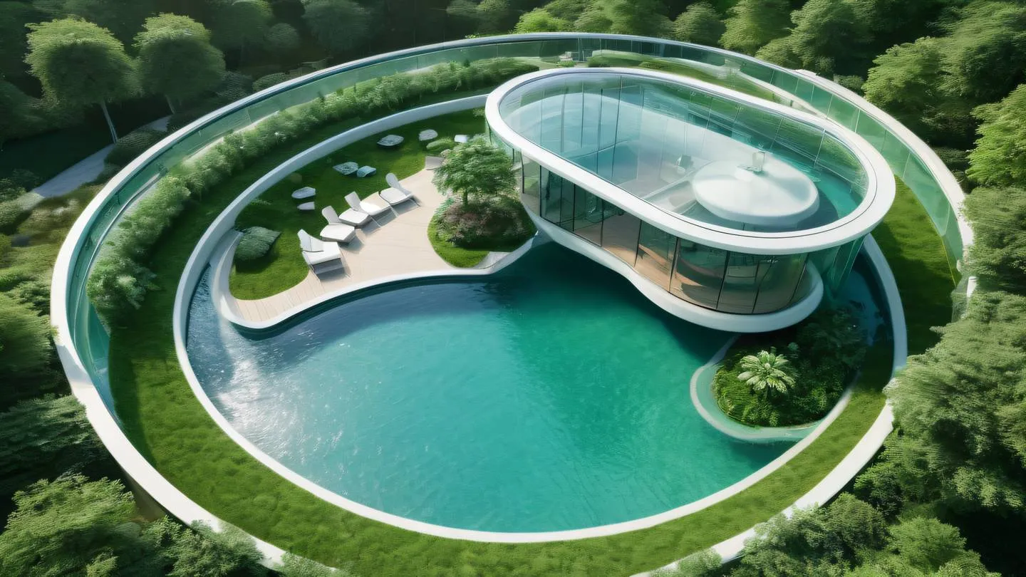 Futuristic garden terrace with curved glass elements and water features bright emerald and white color scheme aerial perspective shot high-quality ultra-realistic cinematic 8K UHD high resolution sharp and detail