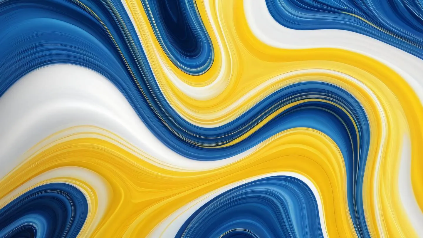 Abstract fluid art representing flowing iOS design elements dominant colors of sunshine yellow transitioning to sapphire blue with subtle whisper white accents ultra-realistic 8K resolution high detail captured from top-down perspective