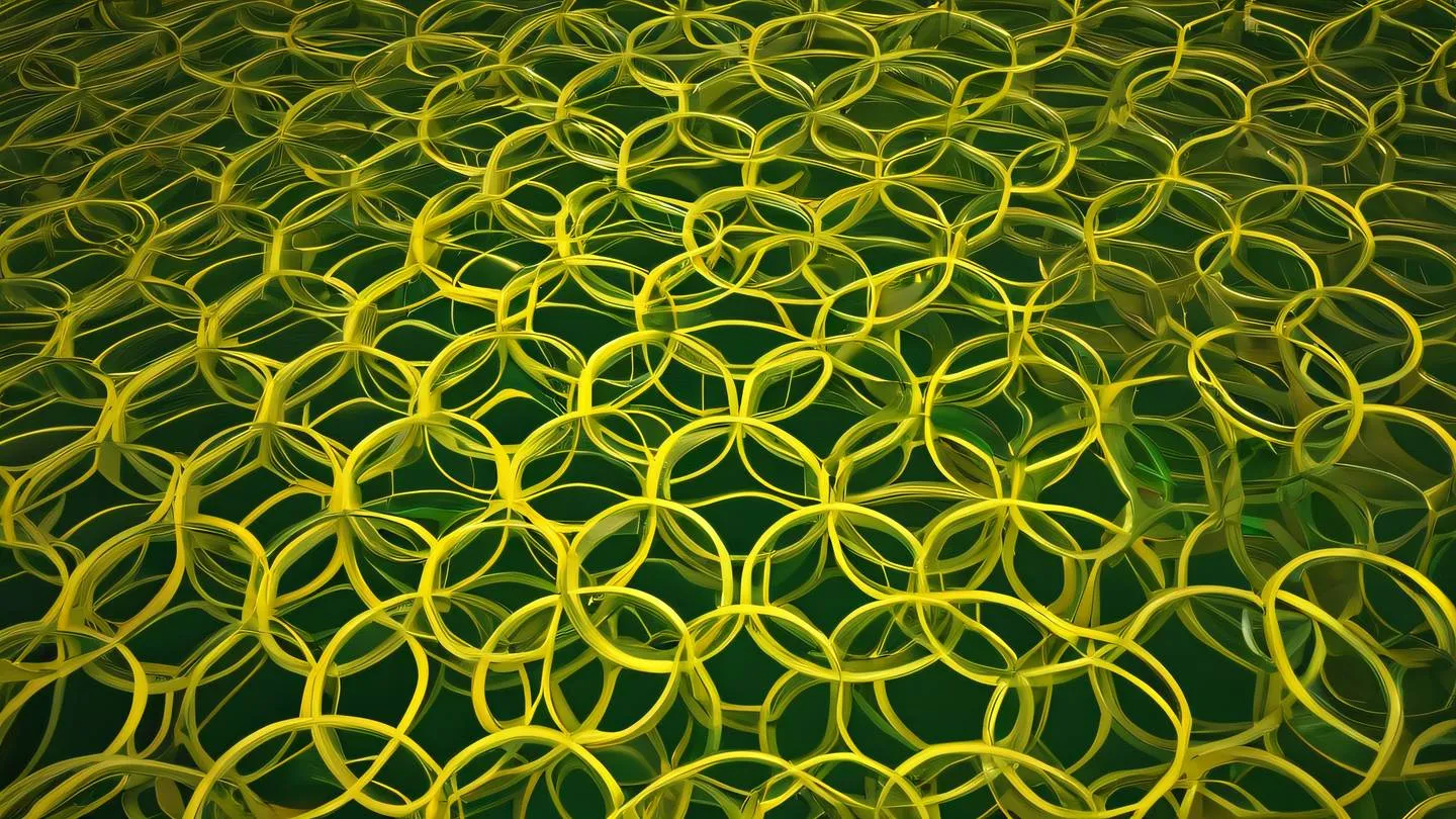 Geometric abstract pattern of interconnected circles and lines breezeway green flowing into canary yellow sharp details and clean lines cinematic lighting 8K UHD photographed at 45-degree angle