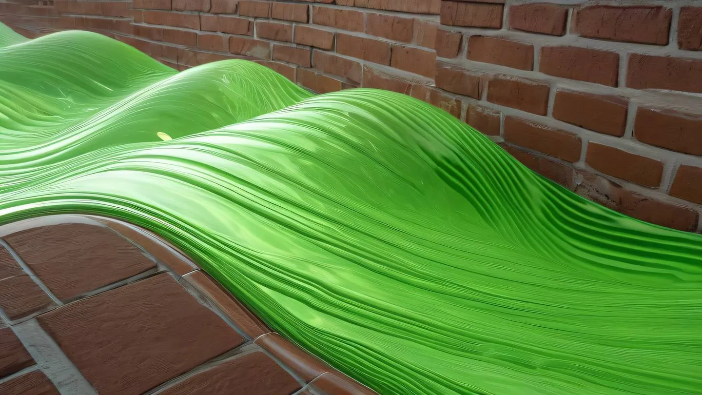 Abstract waves and curves representing fluid motion etched glass color transitioning to fluorescent green with sun-washed brick accents ultra-realistic cinematic quality 8K resolution captured from slight low angle