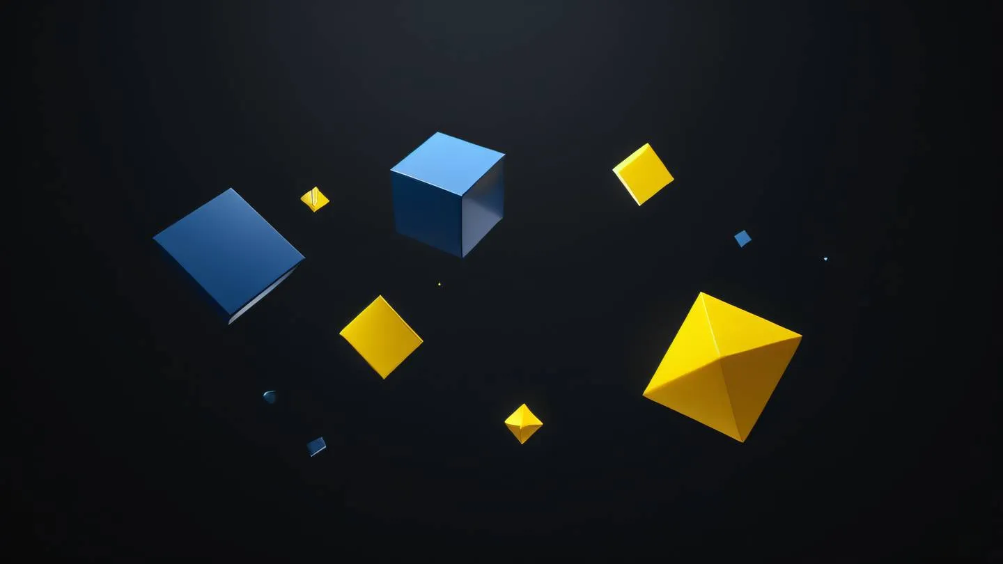 Minimalist geometric shapes floating in space off-black background with sapphire blue and sunshine yellow elements high-quality render sharp details 8K UHD photographed straight on with slight dutch angle