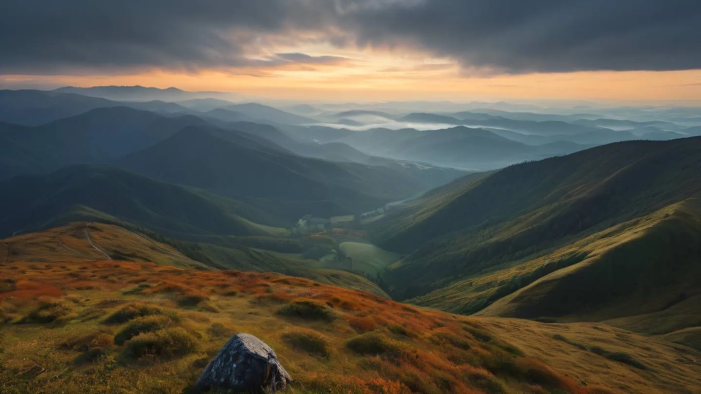 Tranquil landscape with rolling green mountains under dramatic sky featuring October mist and orange gradient colors in clouds photographed from mountain peak with panoramic view high-quality ultra-realistic cinematic 8K UHD high resolution sharp and detail