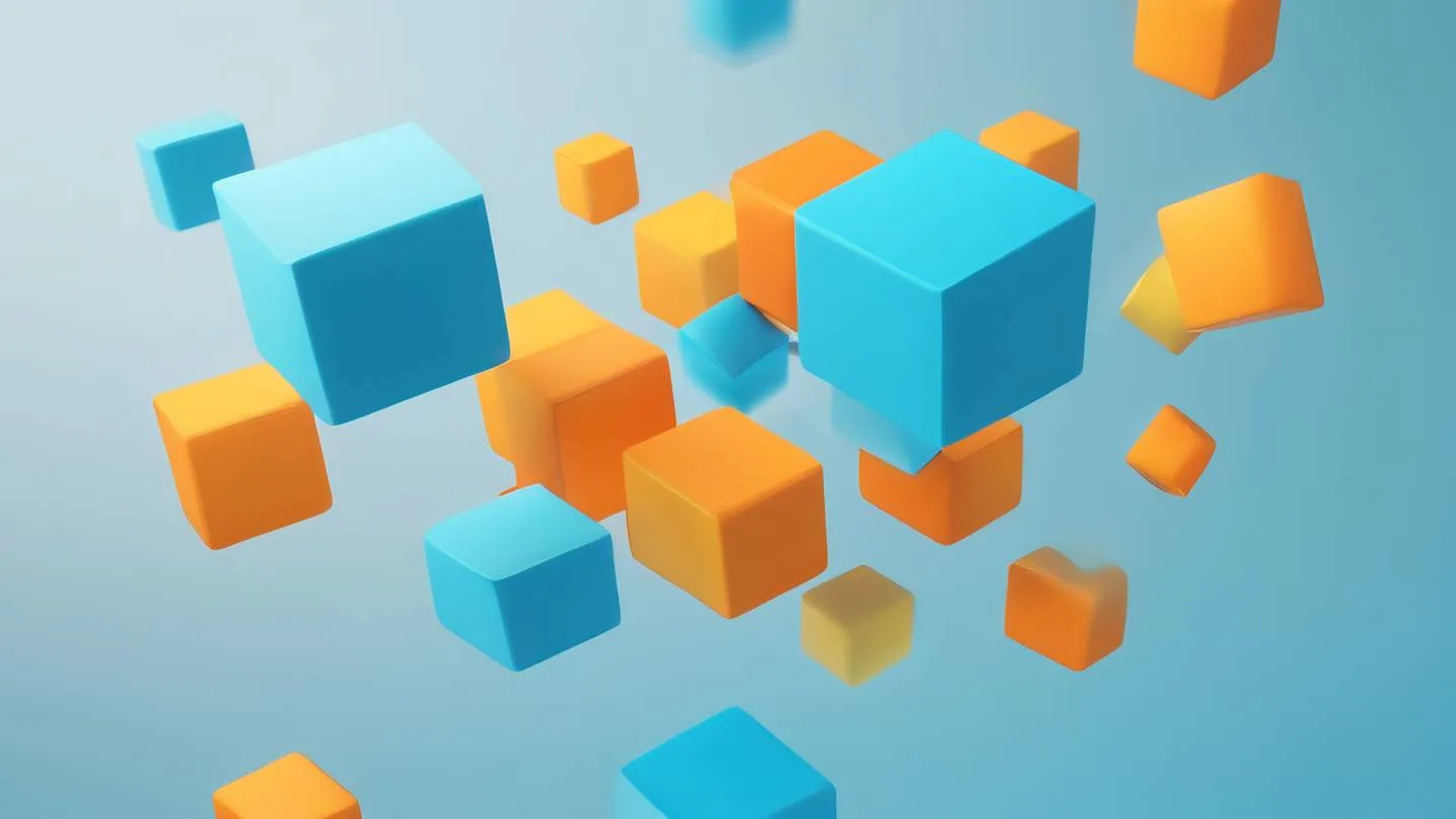 A minimalist iOS-inspired design elements floating in abstract space geometric shapes with soft shadows and blur effects color palette: bright orange yellow and sky blue gradients shot from a slight top-down perspective high-quality ultra-realistic cinematic 8K UHD high resolution sharp and detail