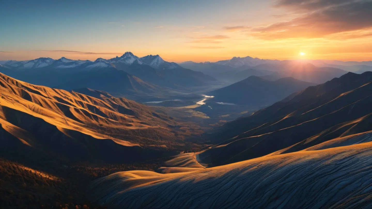 A serene mountain landscape with flowing lines and geometric patterns overlaid featuring bright yellow and orange sky with blue mountains captured from a wide panoramic perspective high-quality ultra-realistic cinematic 8K UHD high resolution sharp and detail