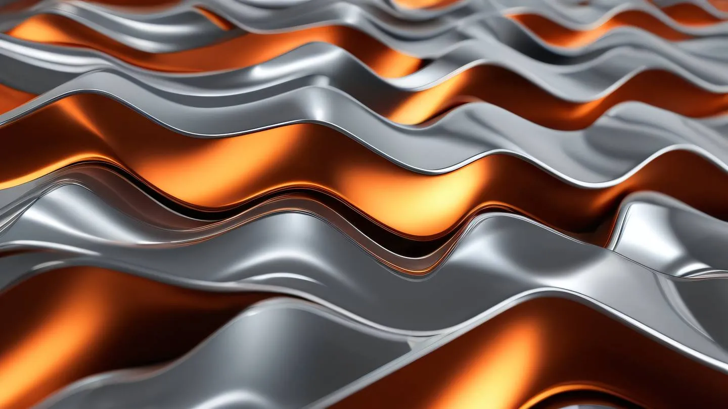 Elegant iron and orange geometric waves creating a dynamic composition photographed from a low angle featuring metallic reflections and clean lines high-quality ultra-realistic cinematic 8K UHD high resolution sharp and detail