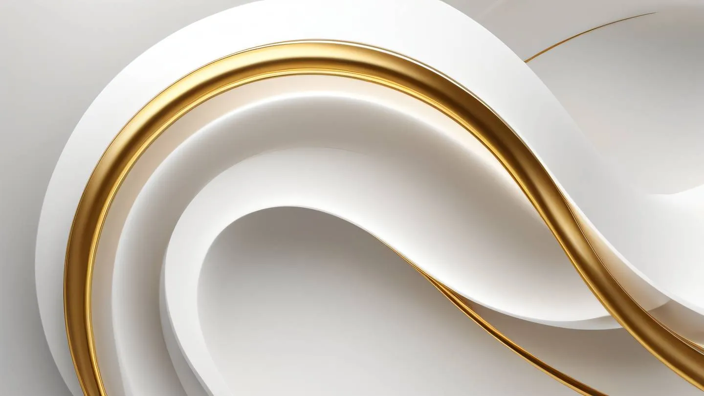 A minimalist abstract composition featuring flowing curves and segments in gold and white tones shot from above with dramatic lighting representing iOS-style segmented controls ultra-realistic cinematic 8K UHD high resolution sharp and detailed