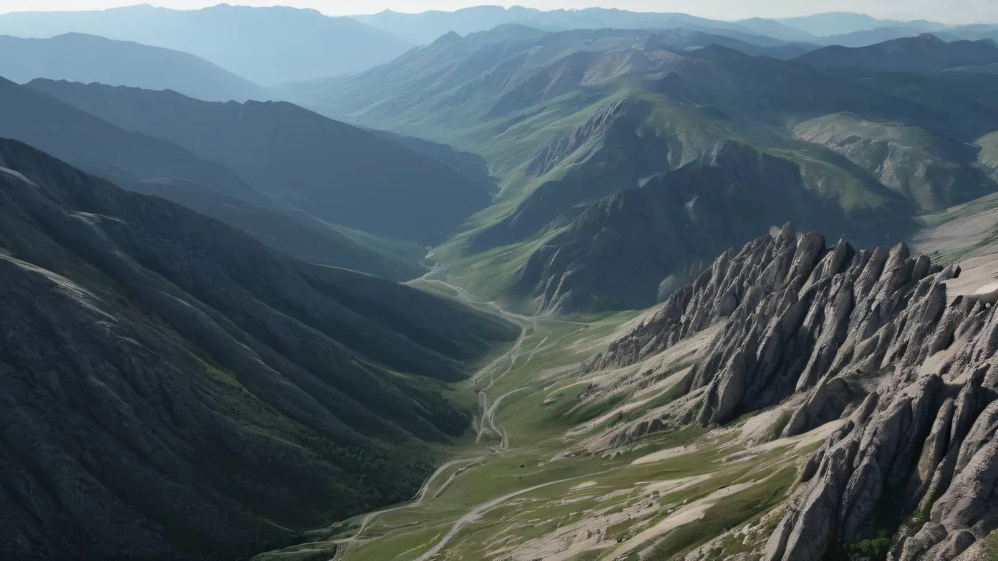 A serene rocky mountain landscape with gentle slopes and valleys in stone and black colors photographed from a bird's eye view representing natural segmentation and transitions high-quality ultra-realistic cinematic 8K UHD high resolution sharp and detailed