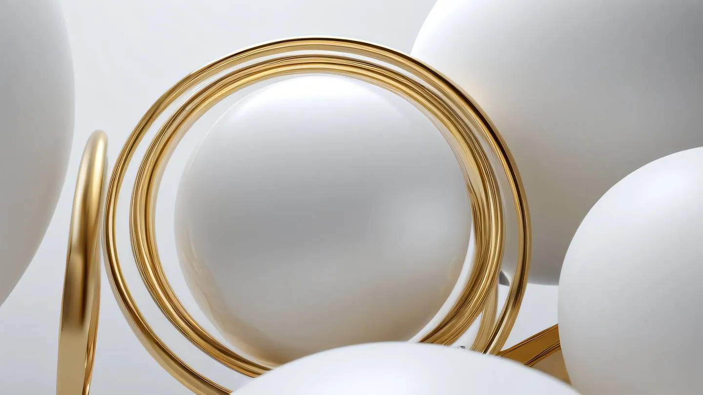 An elegant abstract composition of interconnected spheres and smooth surfaces in white and gold colors shot from a low angle with rim lighting representing unified design elements high-quality ultra-realistic cinematic 8K UHD high resolution sharp and detailed