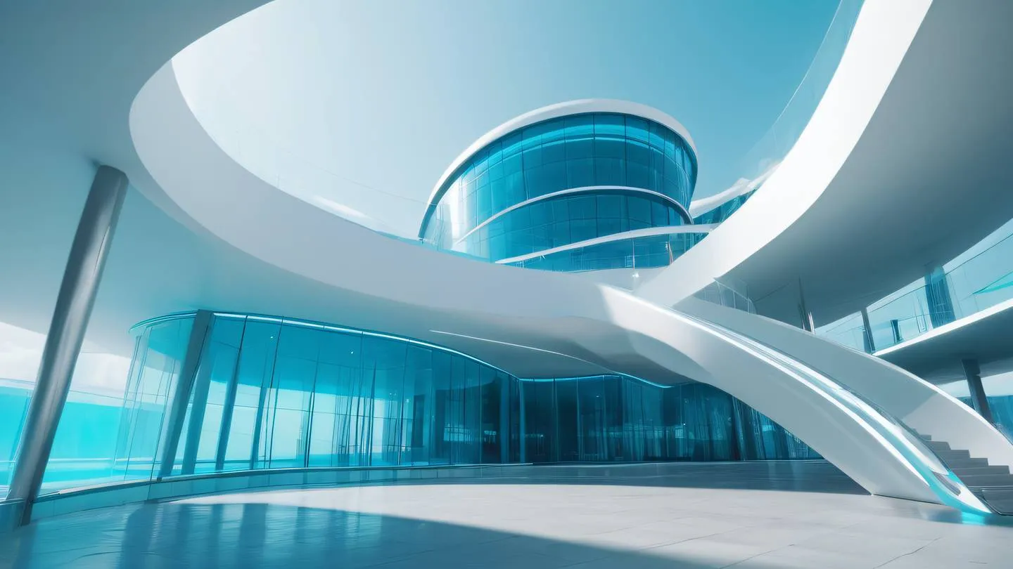 Futuristic minimalist architecture with flowing curved lines and glass surfaces dominated by bright cyan blue and white colors shot from a low upward angle perspective high-quality ultra-realistic cinematic 8K UHD high resolution sharp and detail