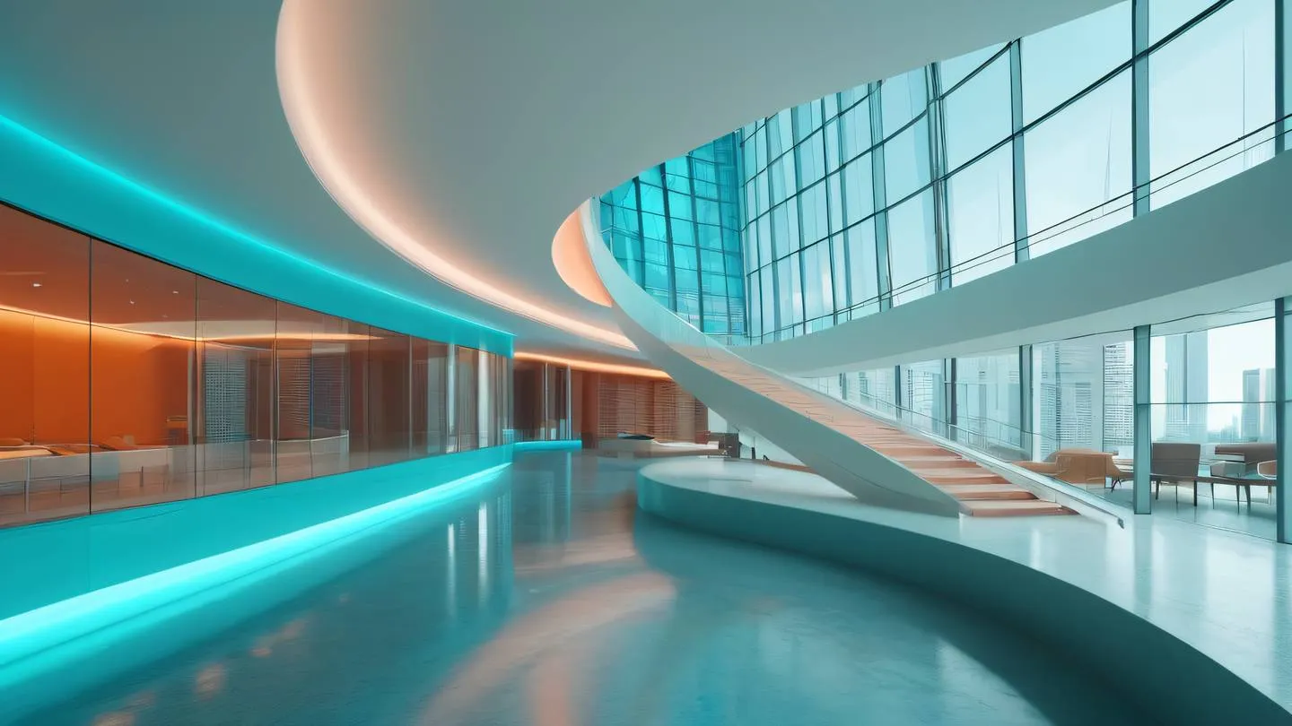 Modern abstract architectural interior with smooth curves and glass walls featuring bright turquoise and soft orange accents captured from an eye-level straight-on perspective high-quality ultra-realistic cinematic 8K UHD high resolution sharp and detail