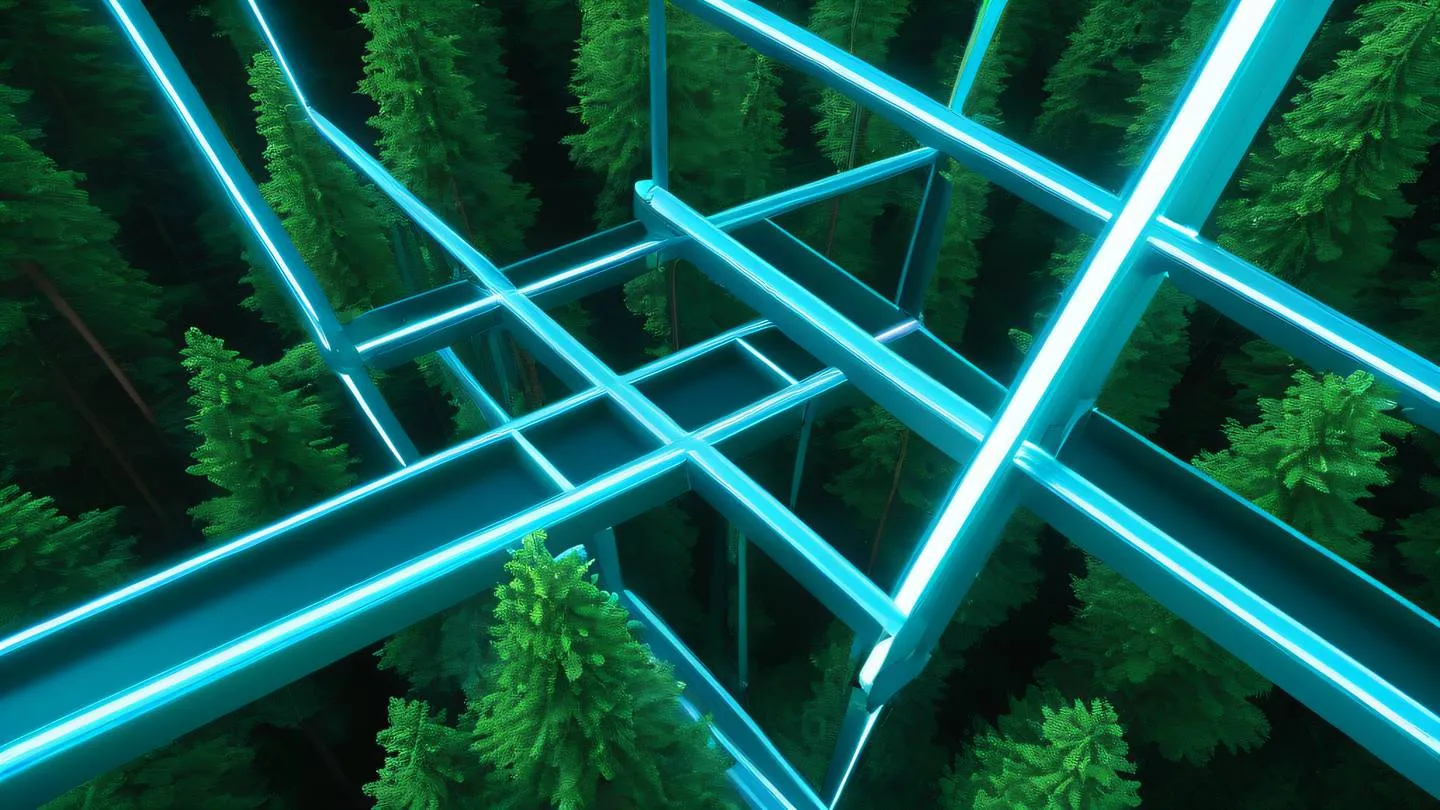 Geometric abstract composition with intersecting planes and floating elements featuring bright electric blue and forest green colors photographed from a diagonal three-quarter view high-quality ultra-realistic cinematic 8K UHD high resolution sharp and detail