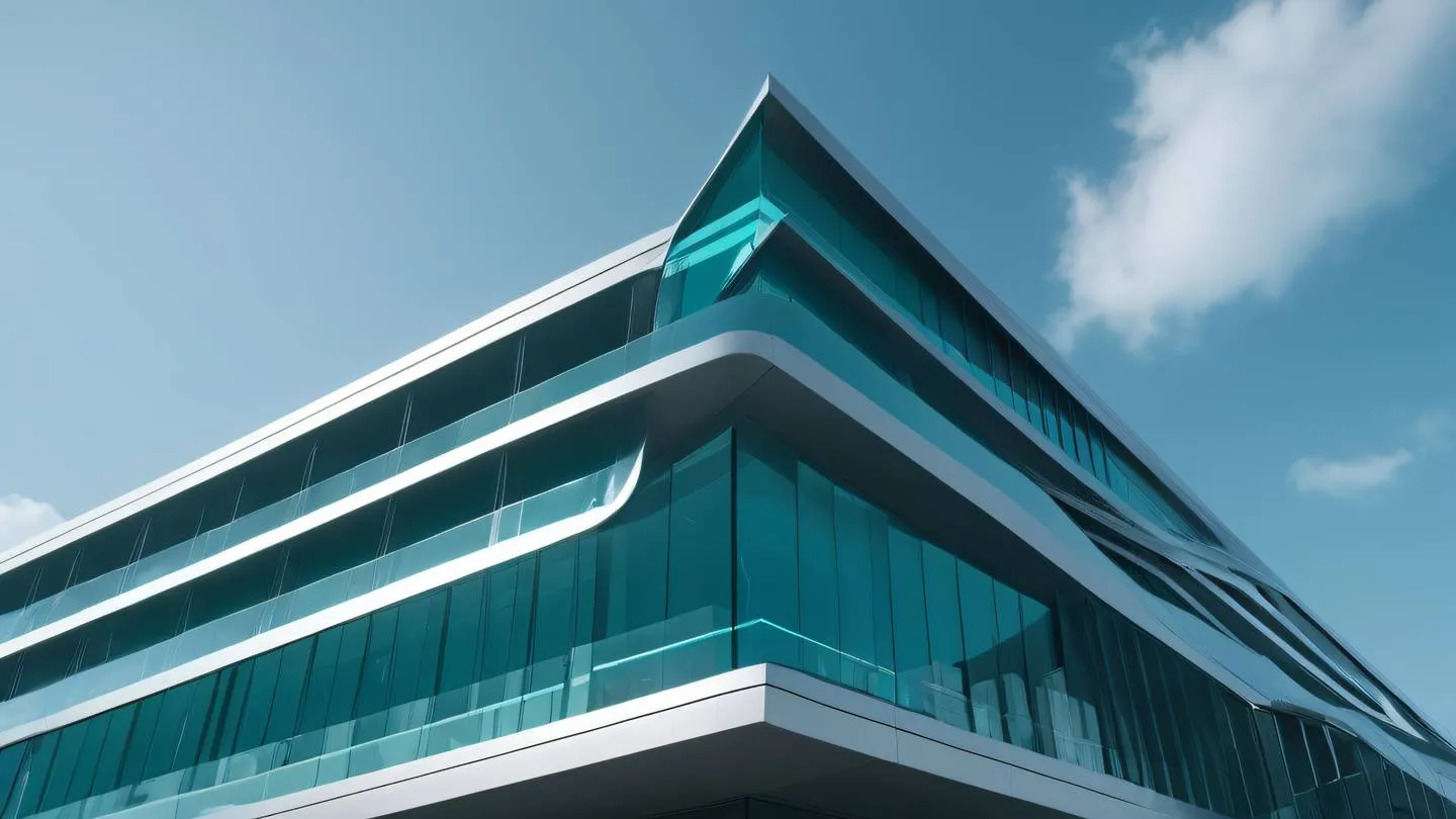 Sleek architectural exterior with sweeping lines and reflective surfaces dominated by bright teal and cool silver colors captured from a dramatic upward angle against clear sky high-quality ultra-realistic cinematic 8K UHD high resolution sharp and detail