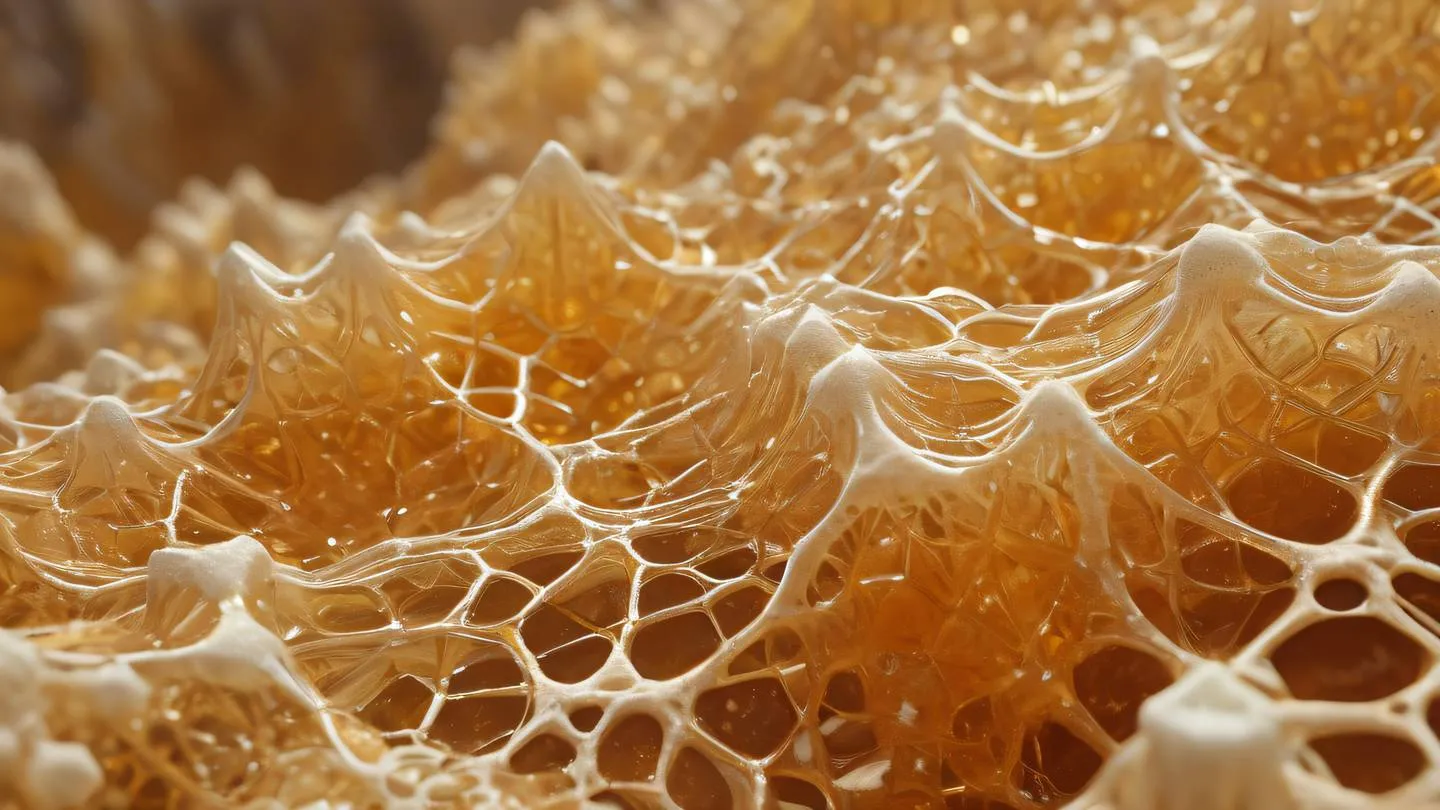 Crystalline formations in amber and cream colors intricate lattice patterns resembling network connections shot from 45-degree angle high-quality ultra-realistic cinematic 8K UHD high resolution sharp and detail