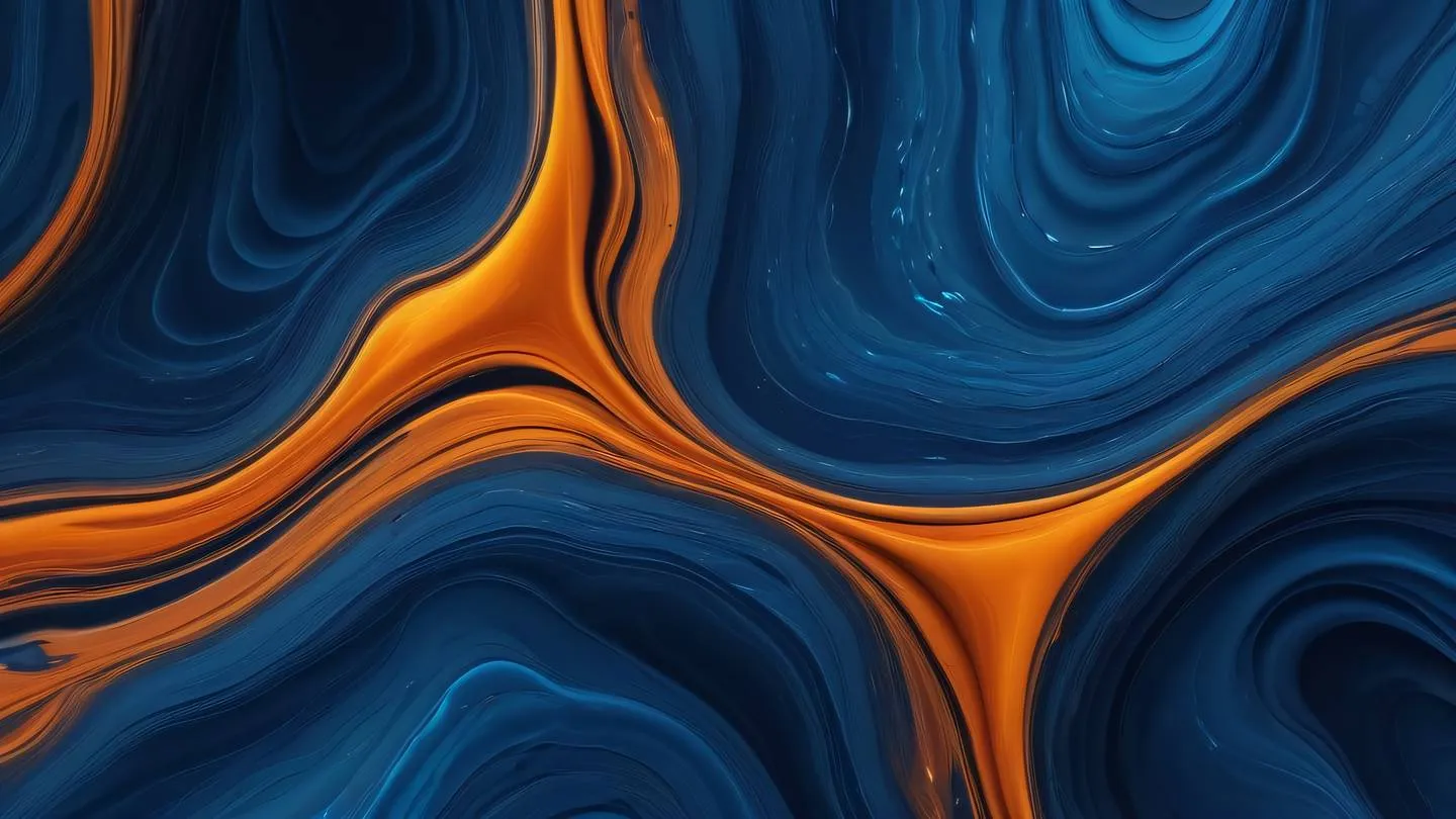 Abstract fluid patterns in rich blue and orange tones flowing like data streams through space captured from bird's eye view high-quality ultra-realistic cinematic 8K UHD high resolution sharp and detail