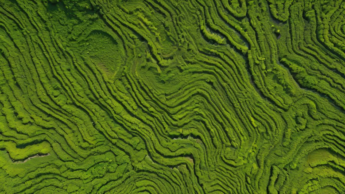 Aerial view of green and yellow terrain patterns forming abstract geometric shapes photographed straight down from above high-quality ultra-realistic cinematic 8K UHD high resolution sharp and detail