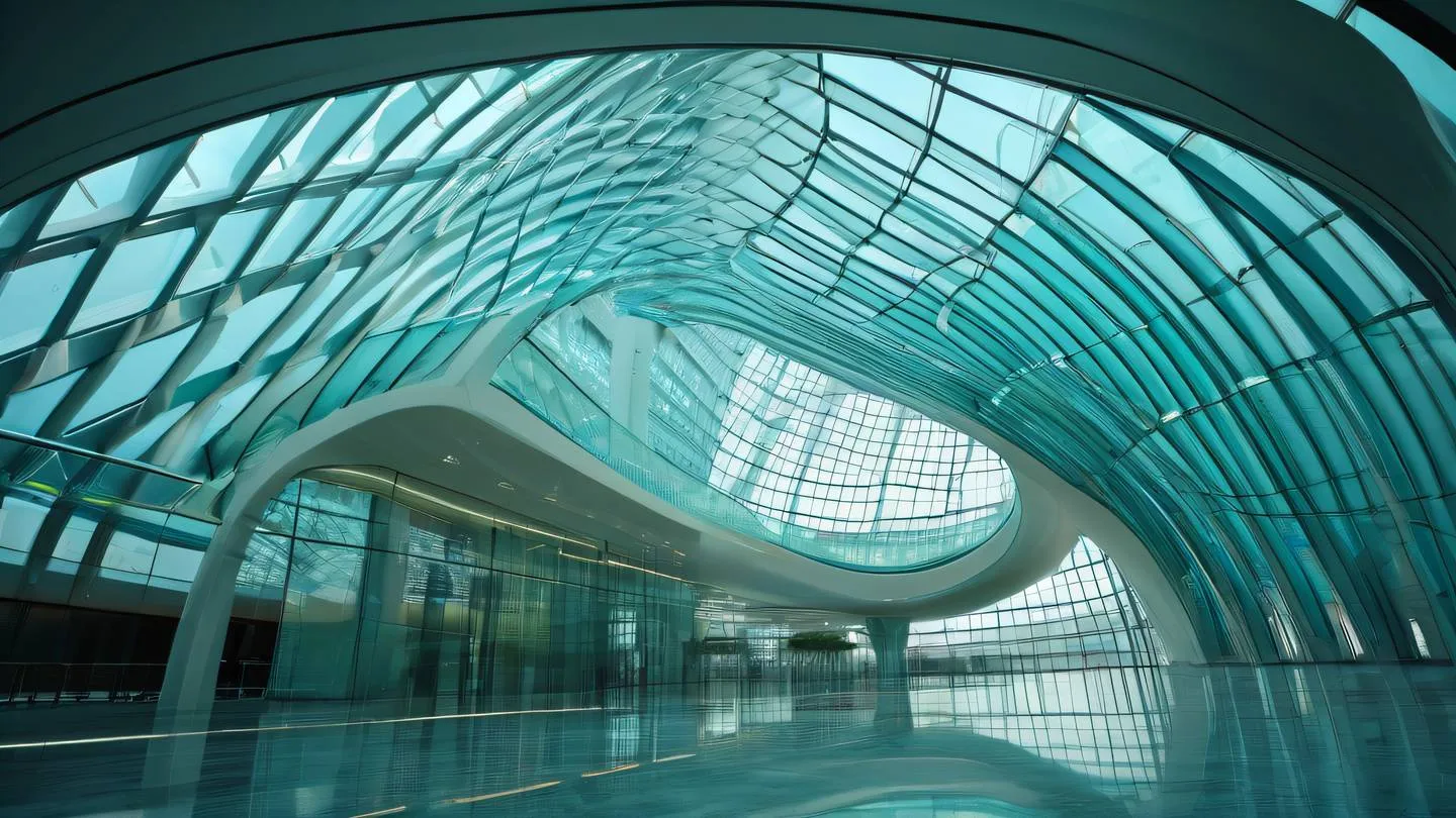 A modern abstract architectural structure with flowing curves and glass panels capturing the essence of data flow and connectivity. Dominated by turquoise blue and fresh moss green colors. Ultra wide-angle shot from ground level looking up high-quality ultra-realistic cinematic 8K UHD high resolution sharp and detail