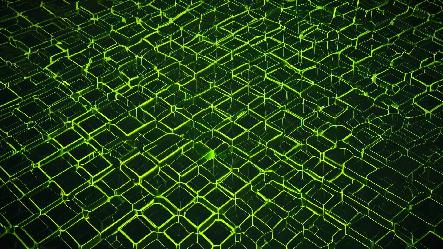 Abstract geometric patterns representing data cache systems with interconnected hexagonal shapes. Dominated by sunshine yellow and fluorescent green colors. Top-down aerial view perspective high-quality ultra-realistic cinematic 8K UHD high resolution sharp and detail