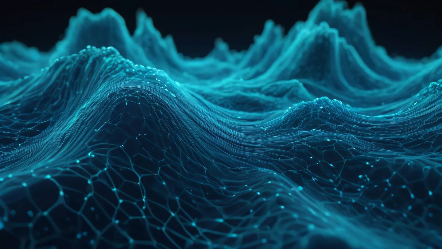 Abstract fluid dynamics visualization showing seamless data flow patterns and network connections. Dominated by indigo and bright cyan colors. Wide panoramic shot high-quality ultra-realistic cinematic 8K UHD high resolution sharp and detail