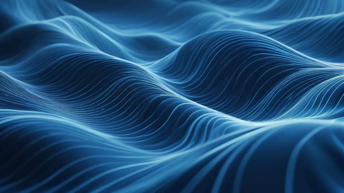 Abstract flowing wave pattern resembling network connections and data streams dominant colors: light blue transitioning to cobalt blue with silver accents ultra-wide angle shot capturing the entire wave formation high-quality ultra-realistic cinematic 8K UHD high resolution sharp and detail