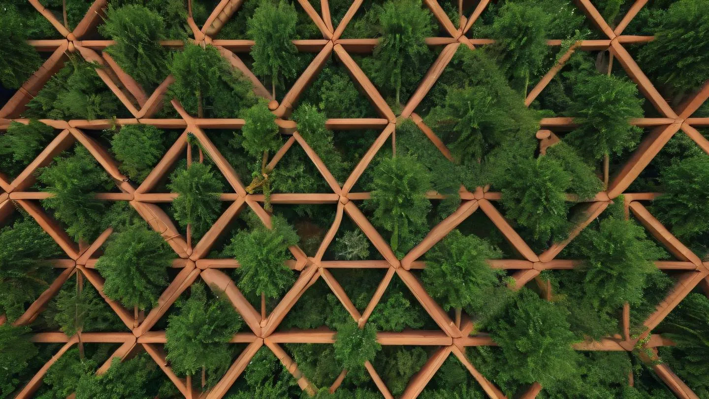 Minimal geometric patterns with interconnected lines and nodes colors: rustic terracotta blending with forest green overhead drone shot perspective high-quality ultra-realistic cinematic 8K UHD high resolution sharp and detail