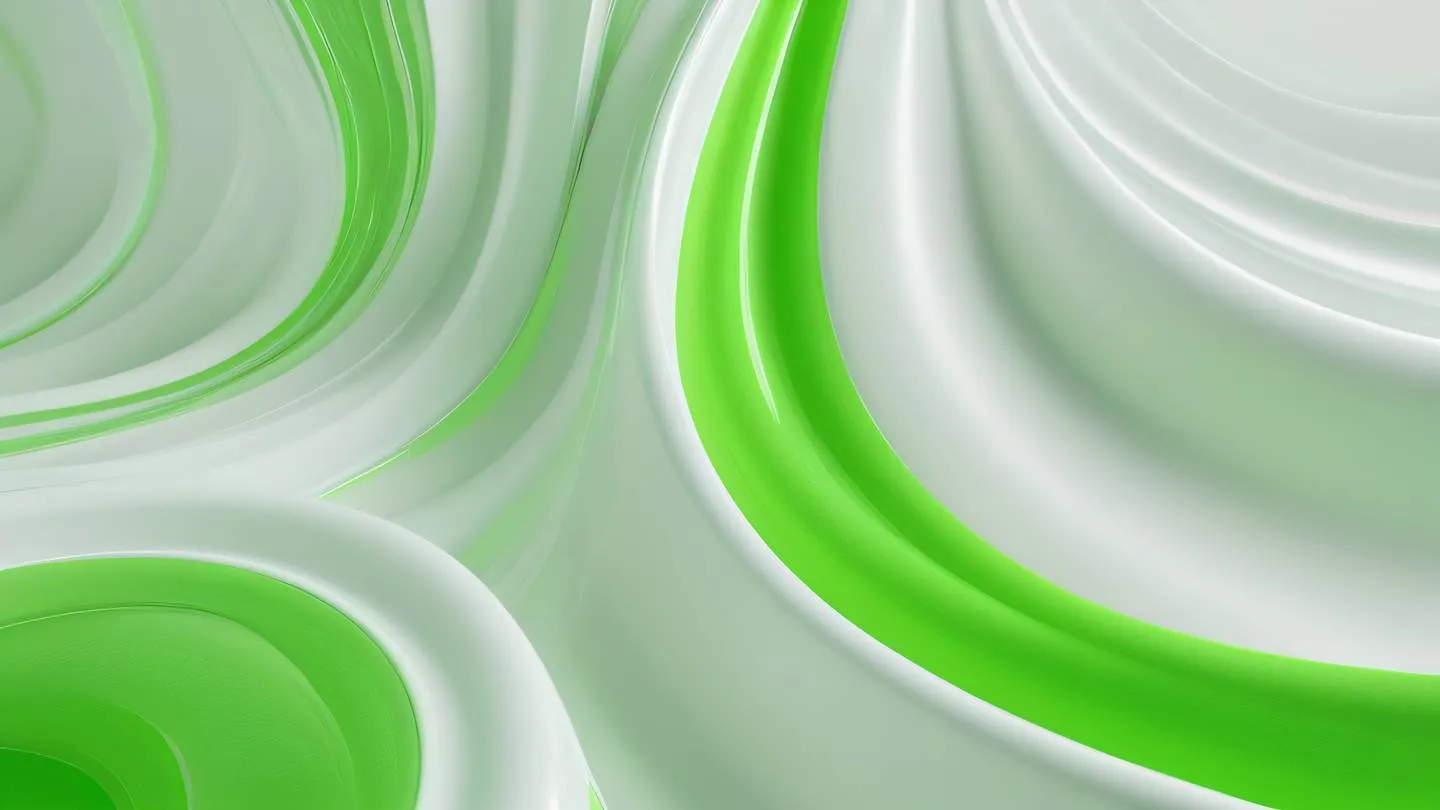 Dynamic fluid abstract composition with flowing curves and layers colors: bright neon green and off-white creating contrast low angle shot looking upward high-quality ultra-realistic cinematic 8K UHD high resolution sharp and detail