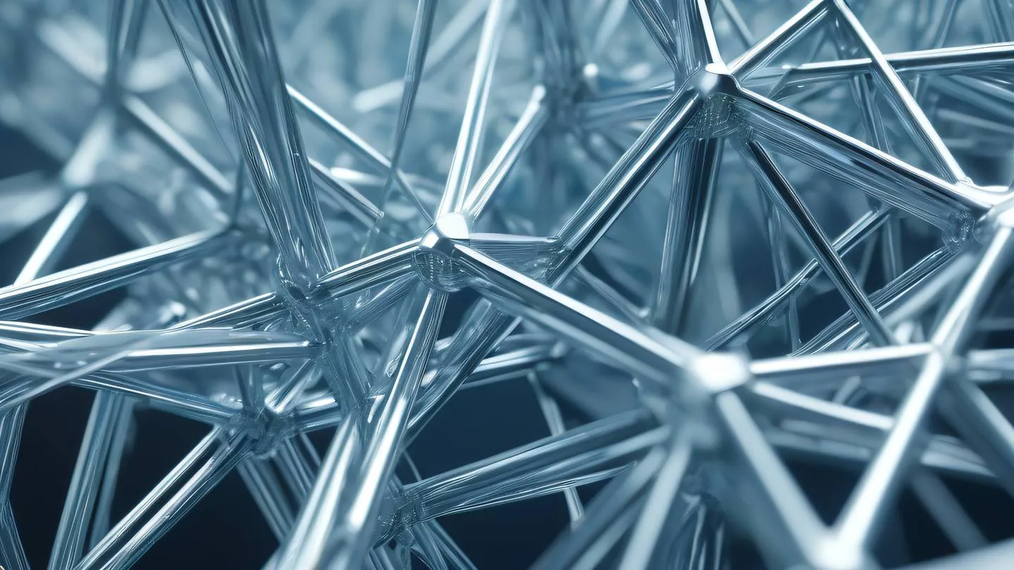 Crystalline geometric structure with interconnected nodes colors: silver and light blue with white highlights macro close-up shot showing intricate details high-quality ultra-realistic cinematic 8K UHD high resolution sharp and detail